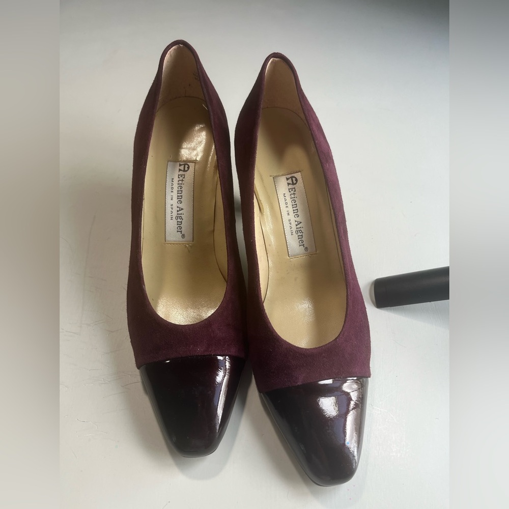 Etienne Aigner Burgundy Suede Pumps with Patent Cap-Toe